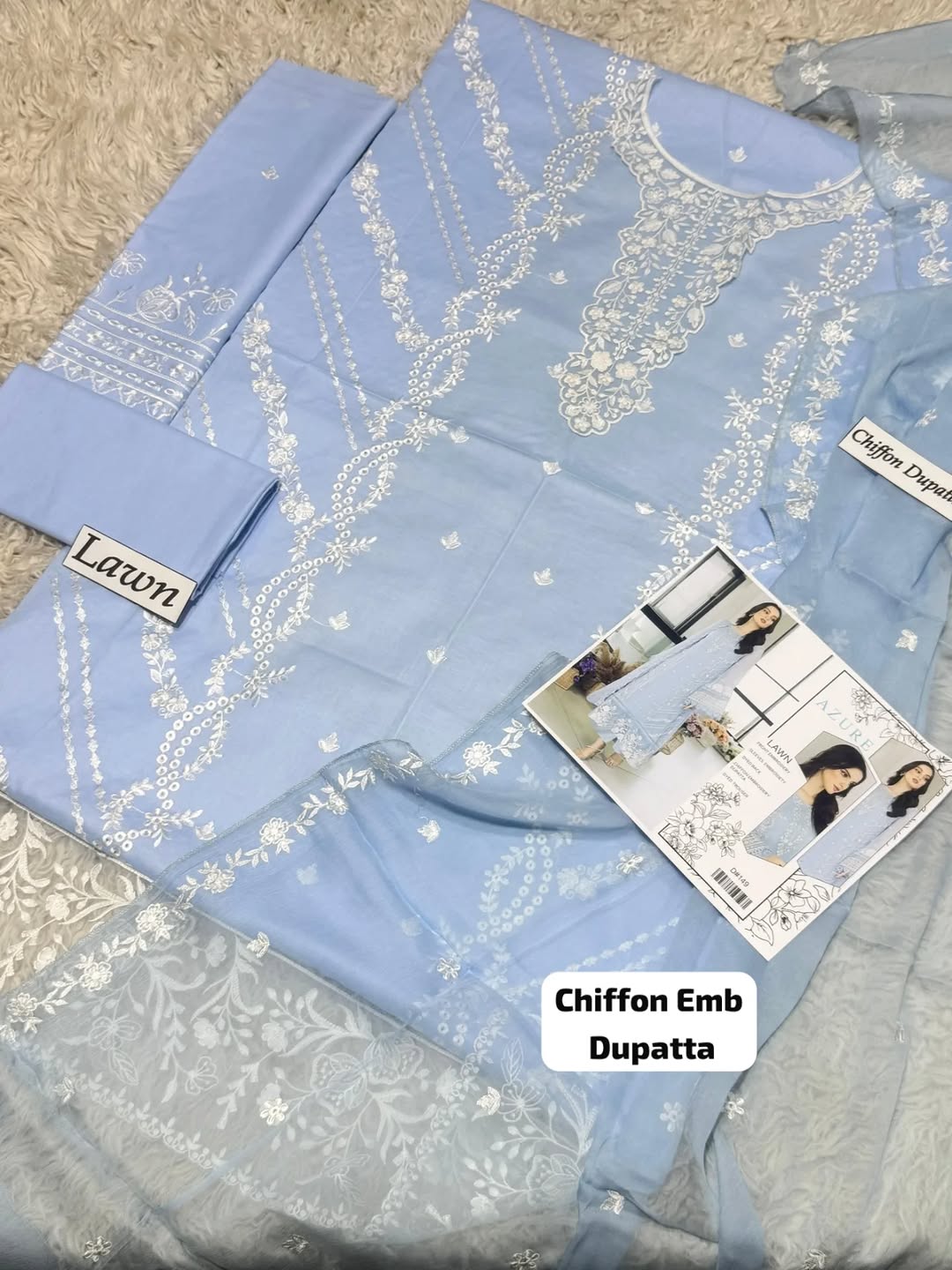 Azure Unstitched 3PC Embroidered Lawn Suit with Embroidered Chiffon Dupatta