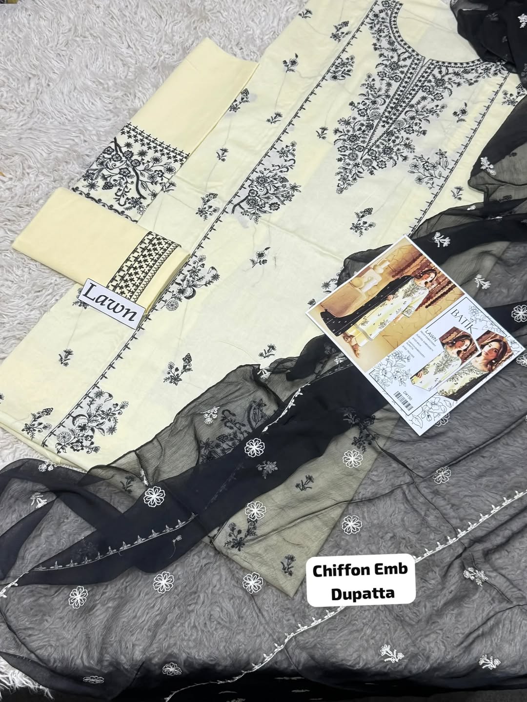 Batik Unstitched 3PC Embroidered Lawn Suit with Embroidered Chiffon Dupatta