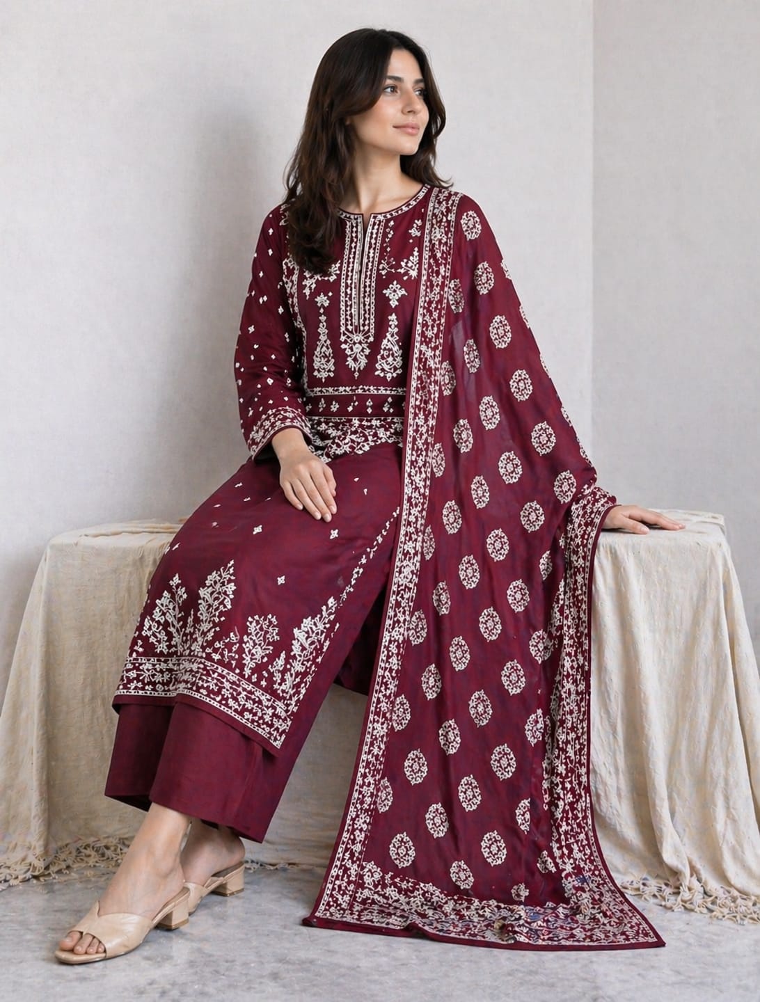 Batik Unstitched 3PC Embroidered Lawn Suit with Digital Printed Monark Dupatta